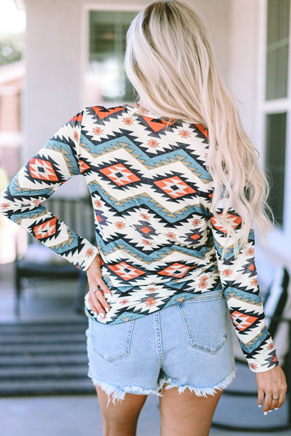 White Aztec Geometric Print Long Sleeve Henley Top