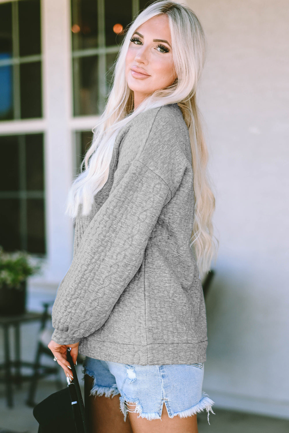 Gray Cable Textured Drop Shoulder Pullover Sweatshirt