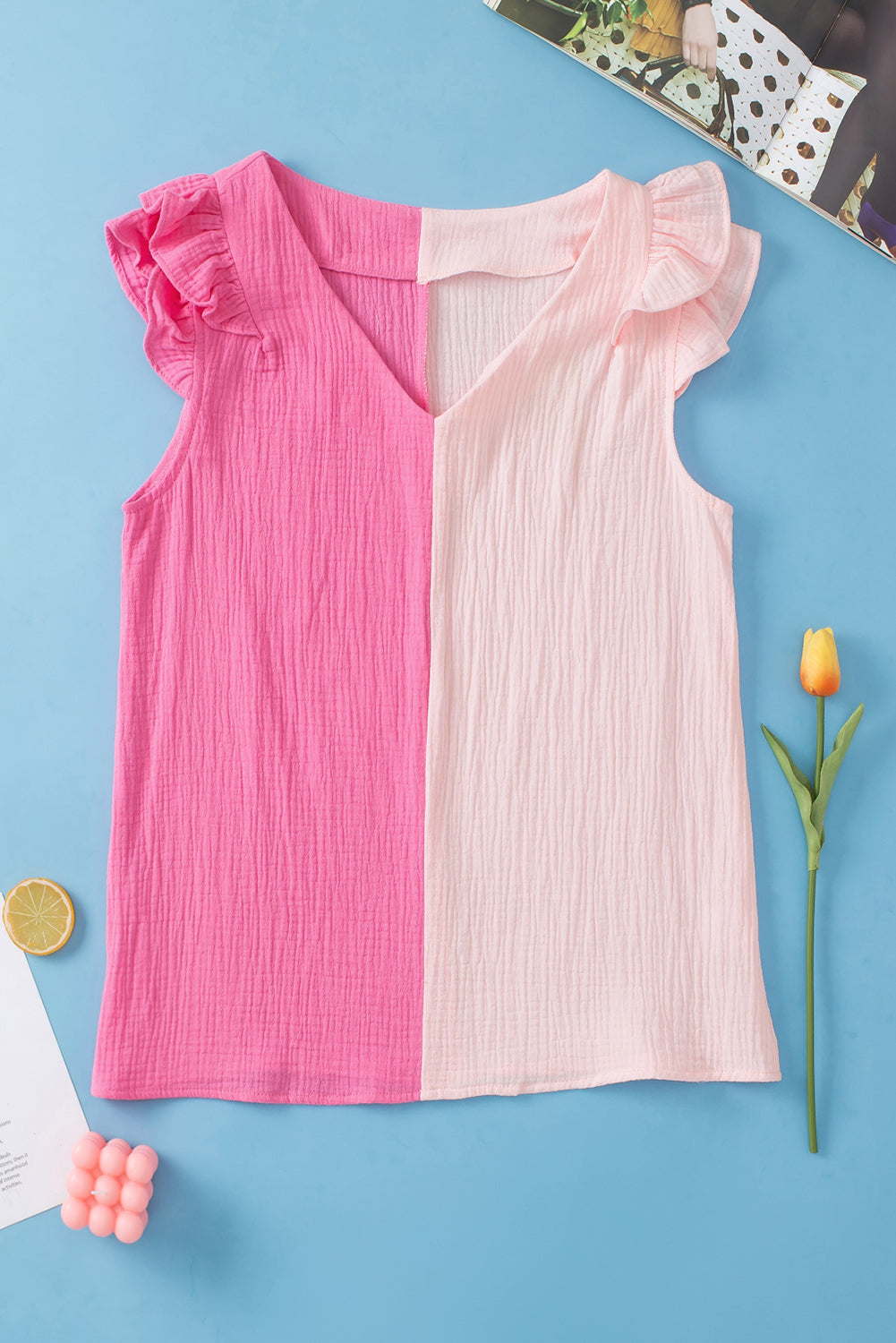 Pink Textured Color Block Tiered Ruffled Sleeve Blouse