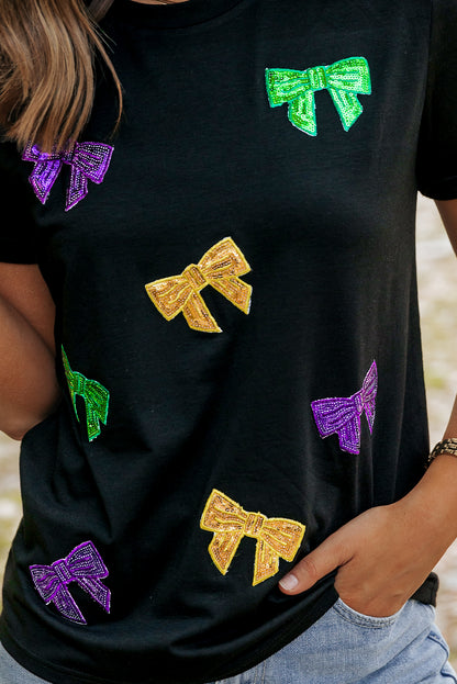 Black Mardi Gras Sequin Bow Knot Crew Neck T Shirt