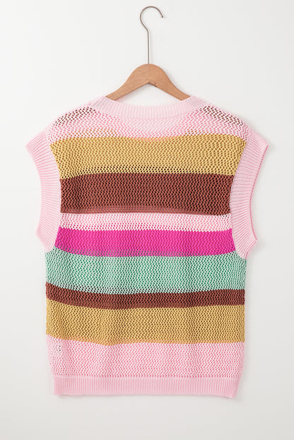 Pink Stripe Crochet Cap Sleeve Loose Fit Sweater T Shirt