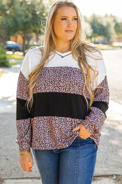 Black Leopard Print Colorblock V Neck Long Sleeve Plus Size Top