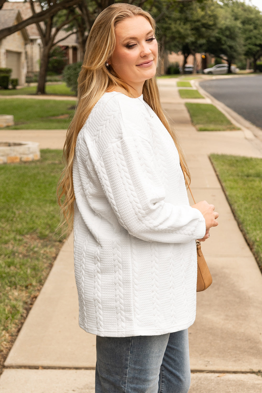 White Cable Textured Loose Plus Size Sweatshirt