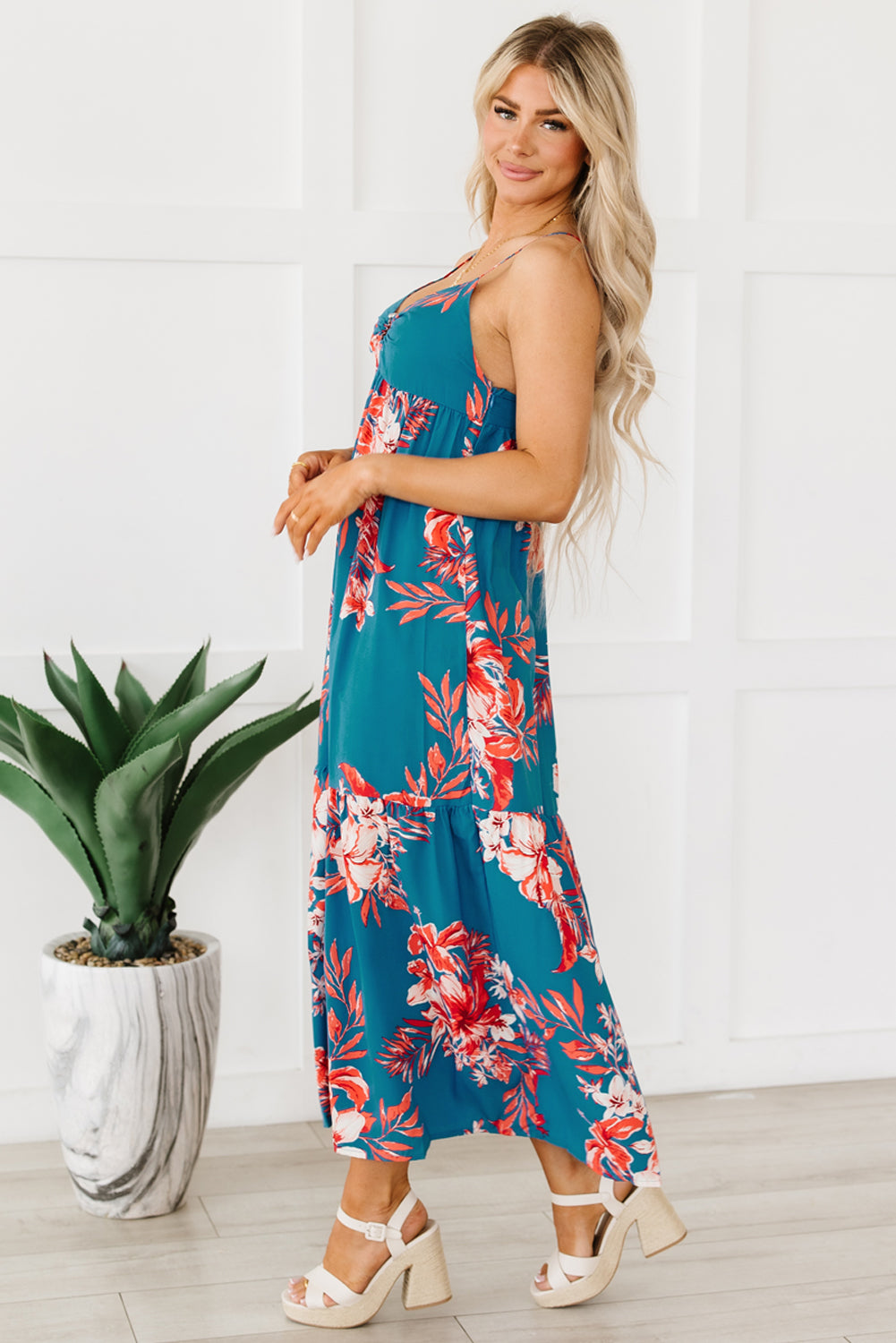 Sky Blue Strappy Open Back Floral Maxi Dress