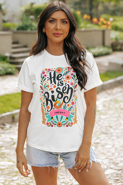 White He Is Risen Floral Print Round Neck T Shirt