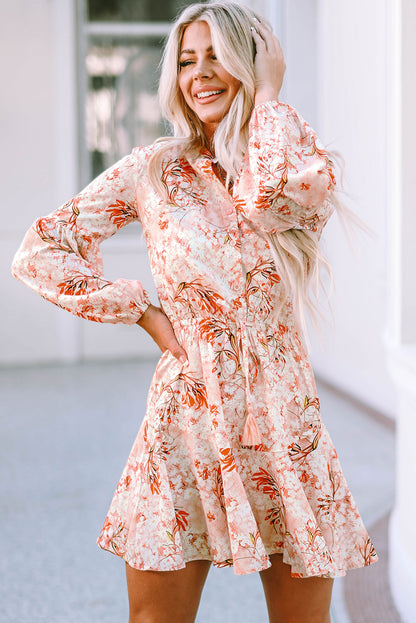 Orange Bubble Sleeve Cinched Waist Floral Dress