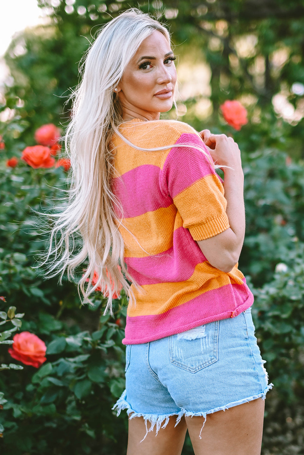 Orange Stripe Color Block Knitted T-shirt Sweater