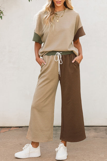 Multicolor Colorblock Textured Tee Cropped Wide Leg Pants Set