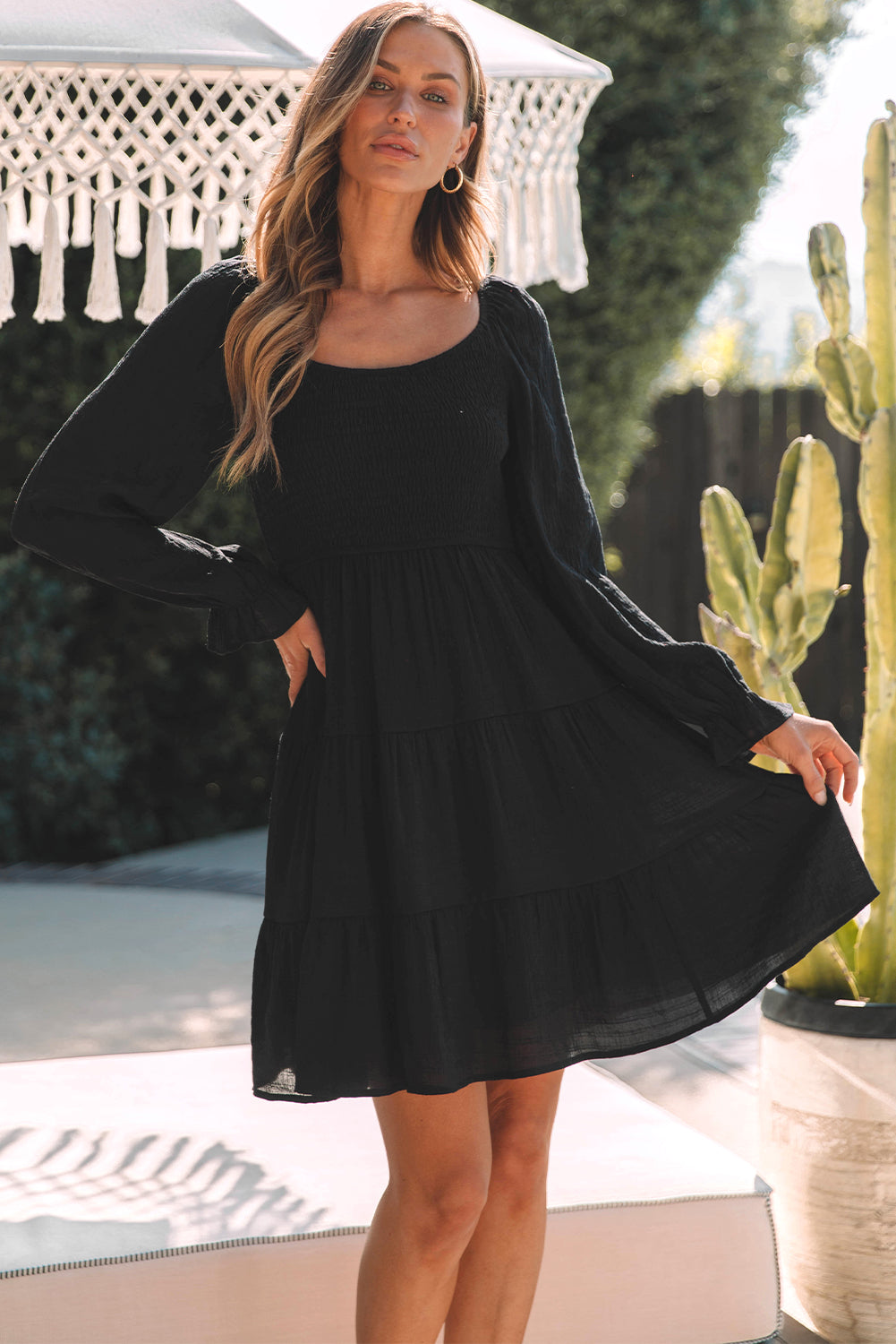 Black Bishop Sleeve Smocked Tiered Mini Dress