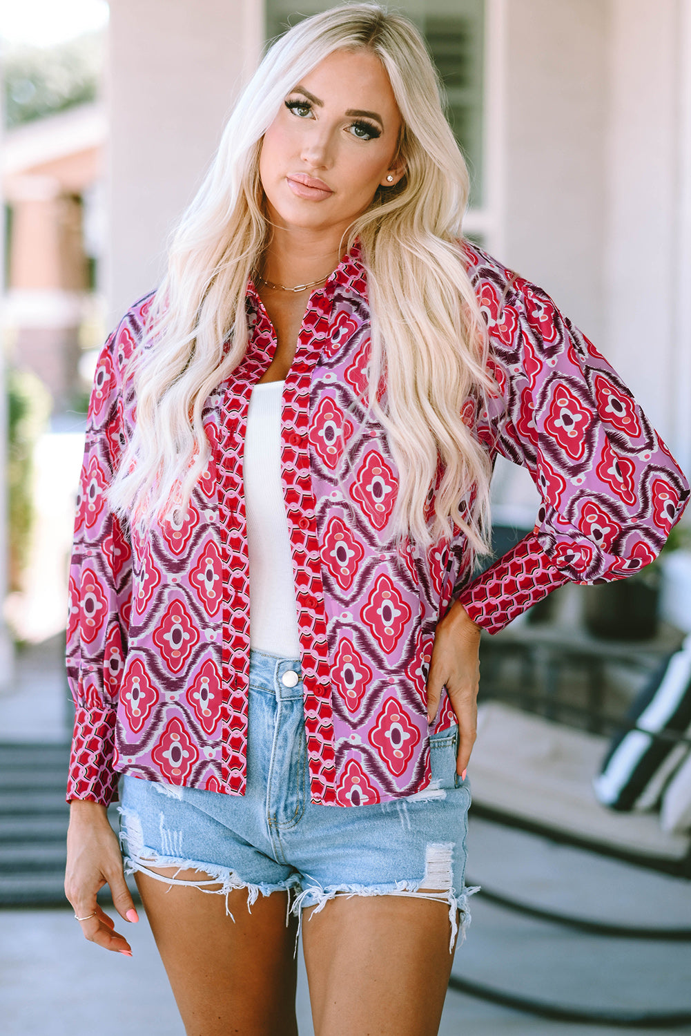 Rose Abstract Print Button Up Long Sleeve Shirt