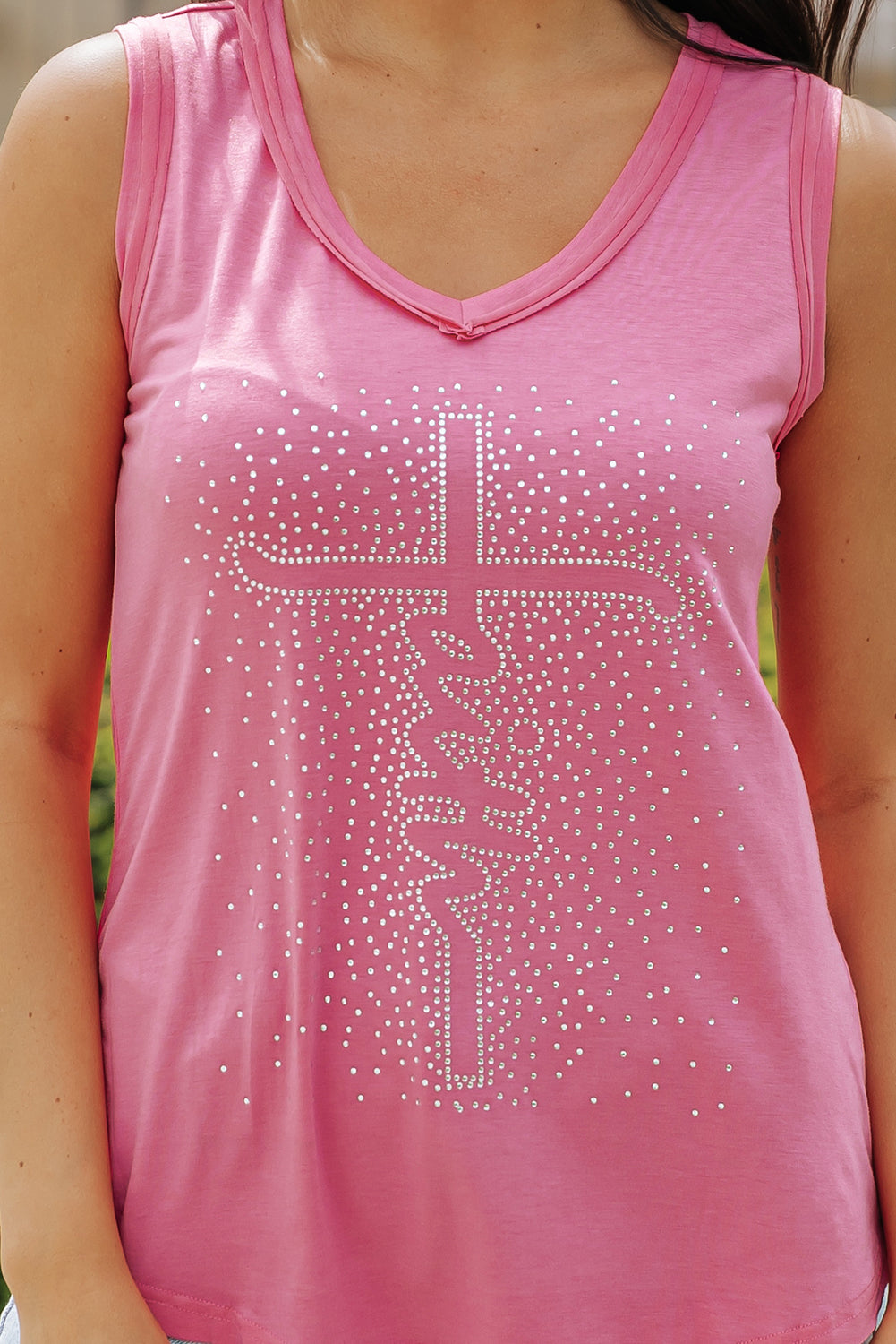 Pink Faith Rhinestone Seamed V Neck Tank Top