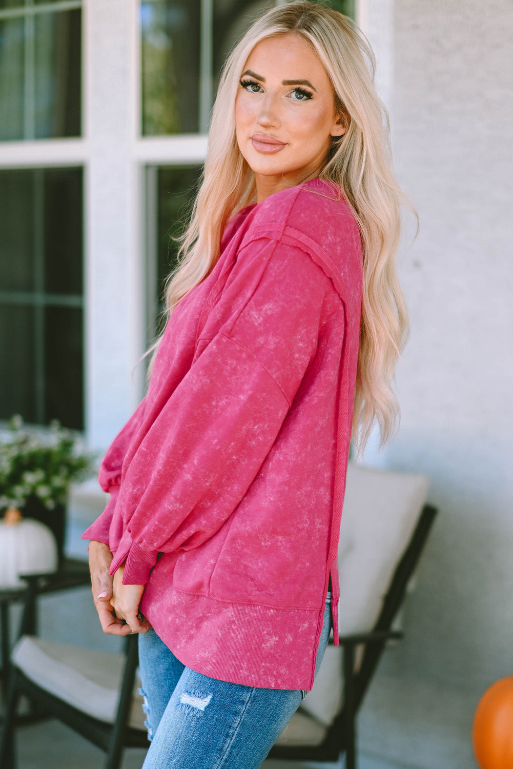 Rose Acid Wash Relaxed Fit Seamed Pullover Sweatshirt with Slits