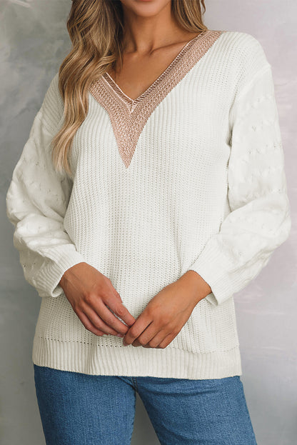 White Cable Puff Sleeve Lace V Neck Sweater