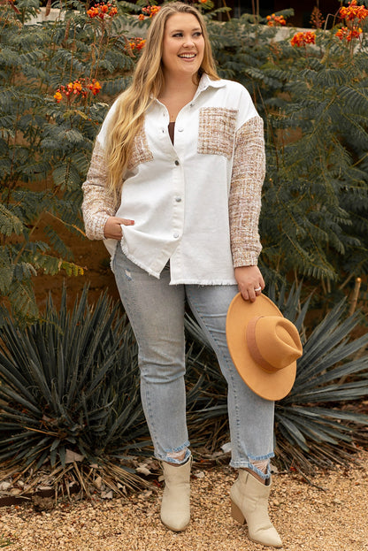 White Plus Size Tweed Patchwork Raw Hem Jacket