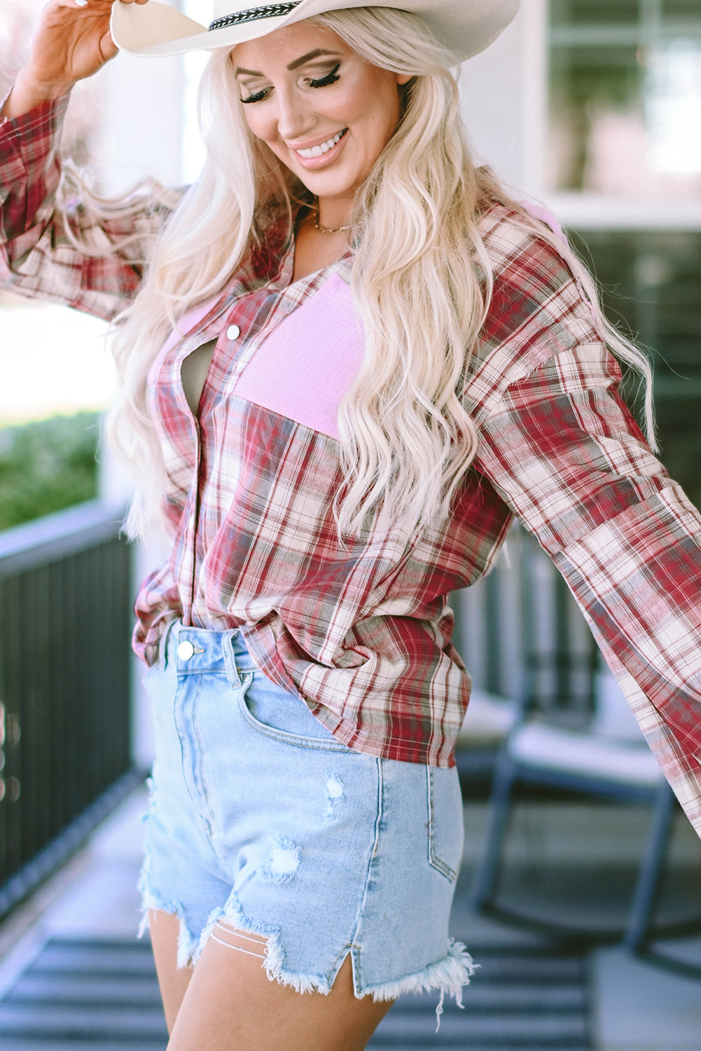 Fiery Red Contrast Patchwork Raw Edge Distressed Plaid Shirt