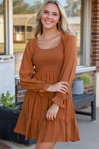 Black Bishop Sleeve Smocked Tiered Mini Dress