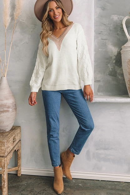 White Cable Puff Sleeve Lace V Neck Sweater