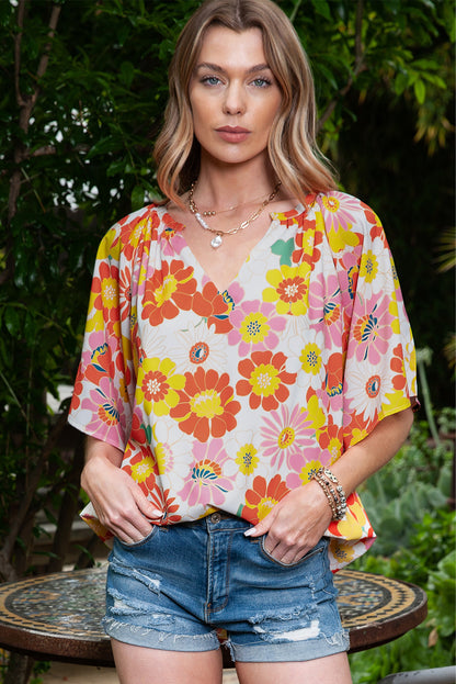 Multicolor Stand Collar Flutter Sleeves Floral Top