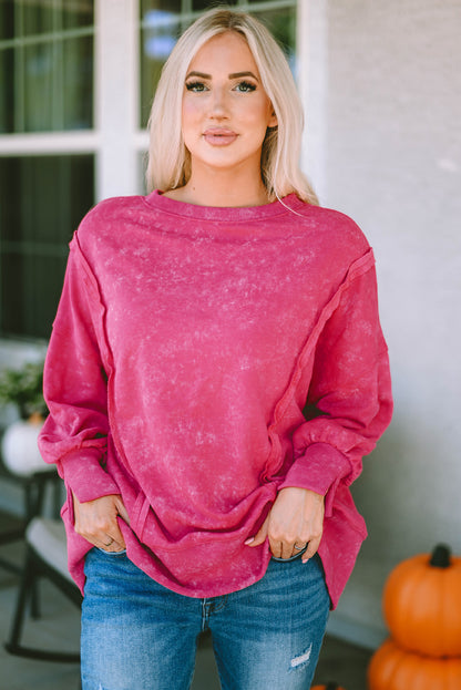 Rose Acid Wash Relaxed Fit Seamed Pullover Sweatshirt with Slits