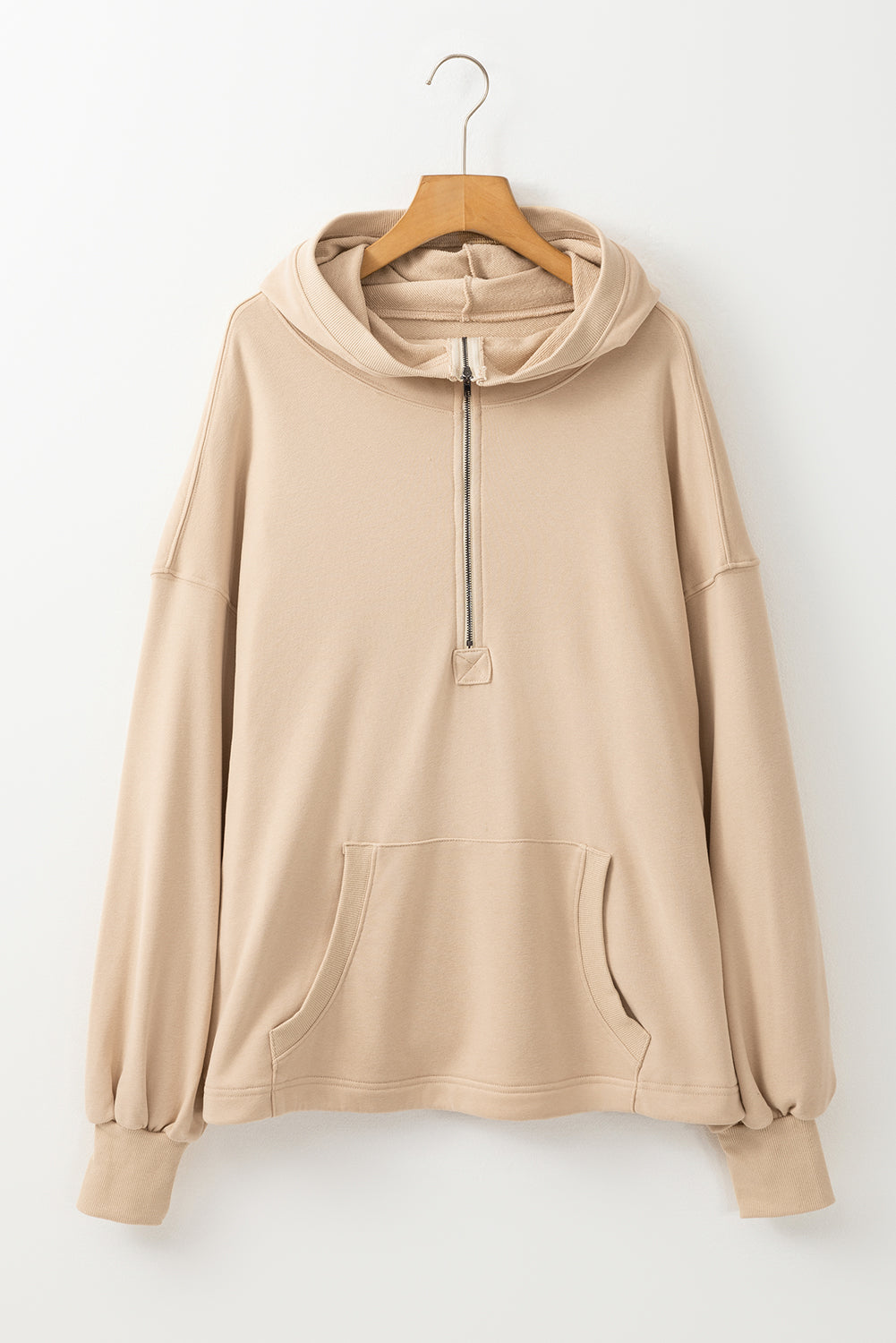 Parchment Solid Kangaroo Pocket Half Zipper Oversized Hoodie