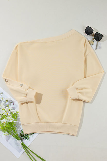 Beige Buttoned Sleeve Dropped Shoulder Sweatshirt