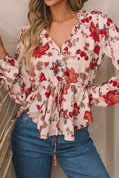 Multicolour Floral Frilled V Neck Drawstring Peplum Blouse