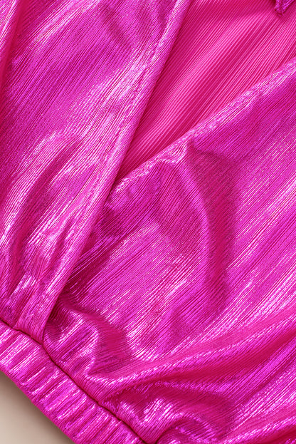 Bright Pink Ruched Sleeves Knotted Backless Blouse