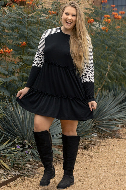 Black Plus Size Striped Leopard Patch Sleeve Ruffle Tiered Dress