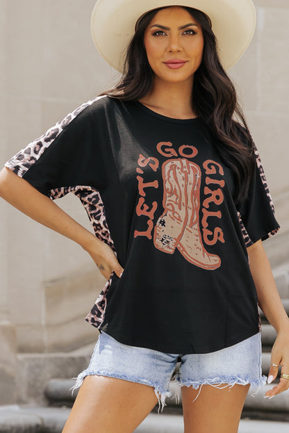 Black Western Boots Slogan Print Leopard Patchwork T Shirt