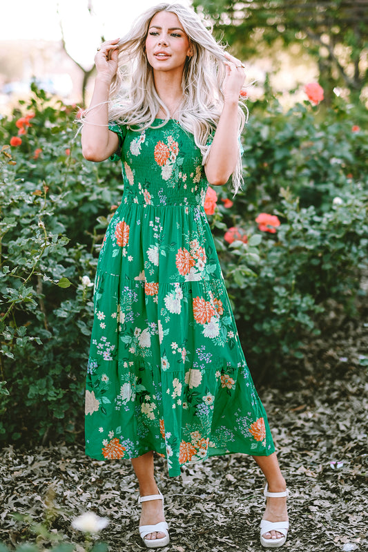 Green Floral Print Bubble Sleeve Smocked Tiered Midi Dress