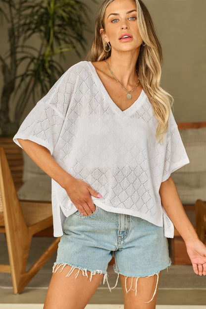 White V Neck Knitted Flowy Blouse