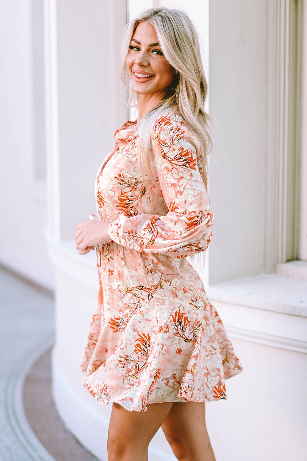 Orange Bubble Sleeve Cinched Waist Floral Dress