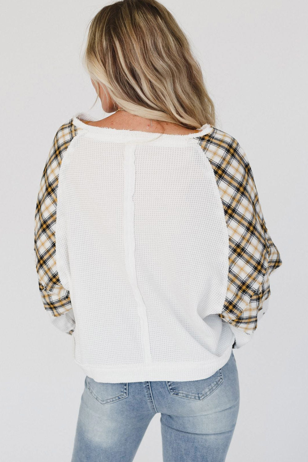 Green Plaid Patch Waffle Knit Exposed Seam Bubble Sleeve Top