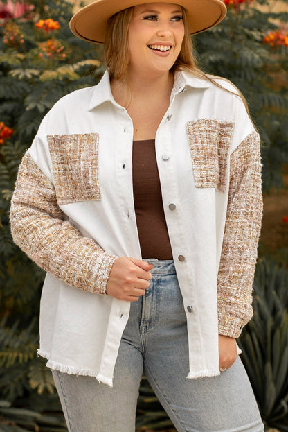 White Plus Size Tweed Patchwork Raw Hem Jacket