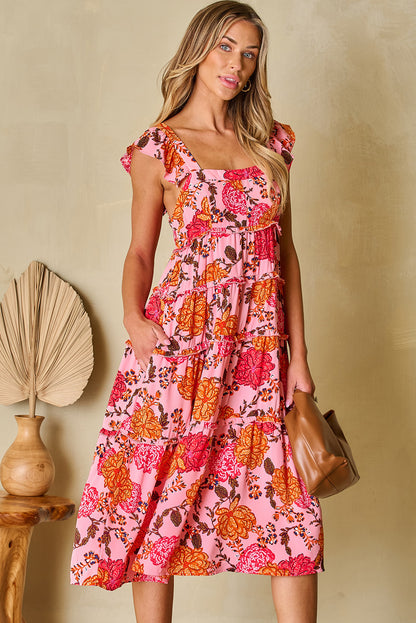 Pink Floral Square Neck Ruffled Flutter Sleeve Tiered Midi Dress