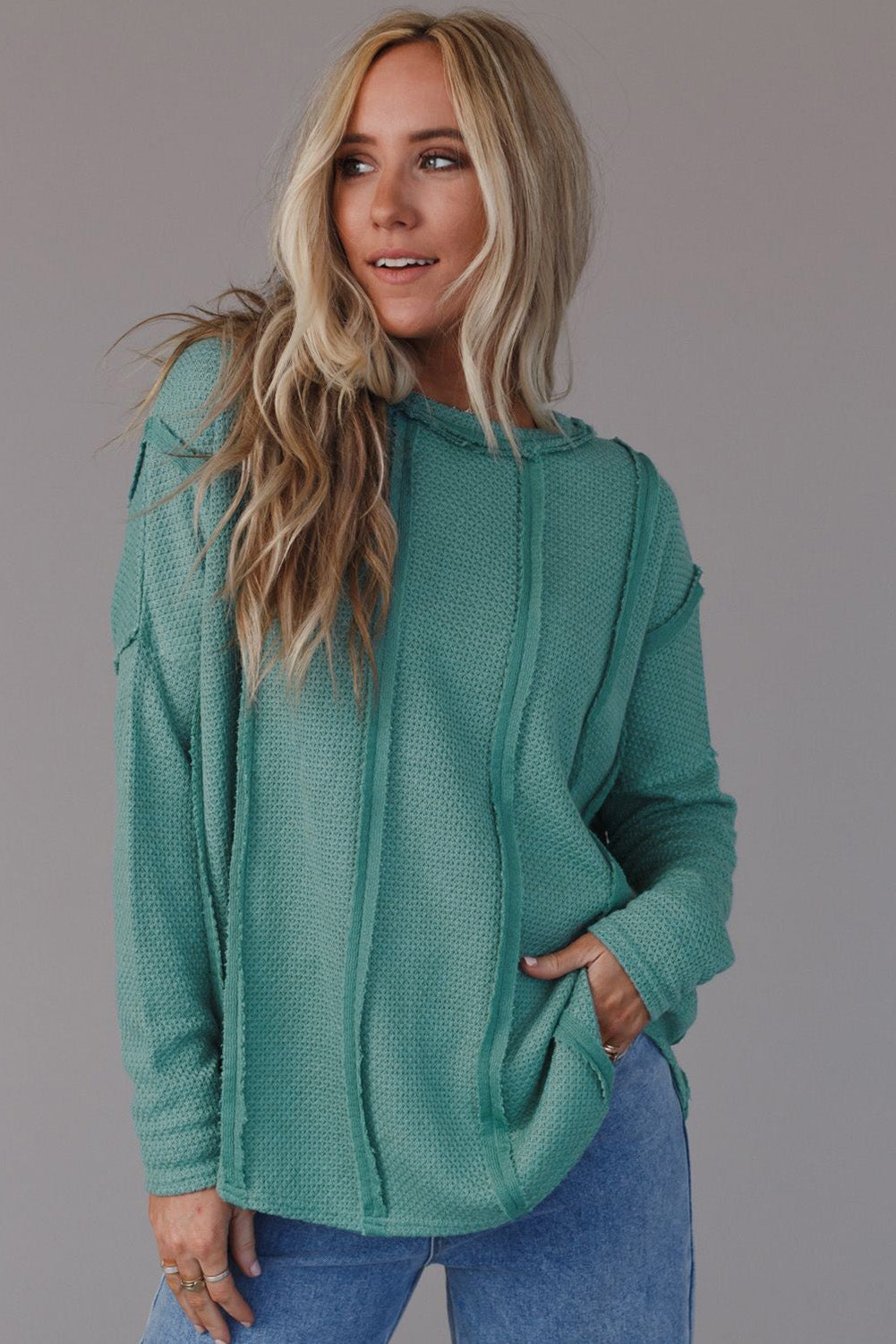 Green Exposed Seam Waffle Knit Loose Top