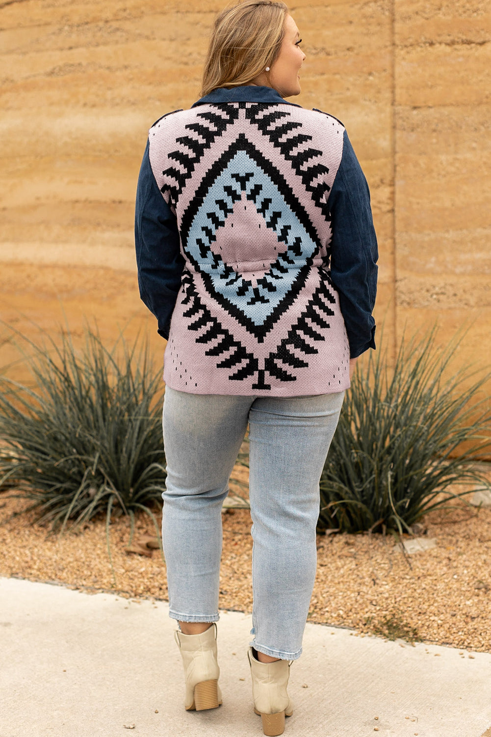 Blue Plus Size Corduroy Jacquard Knit Aztec Back Jacket