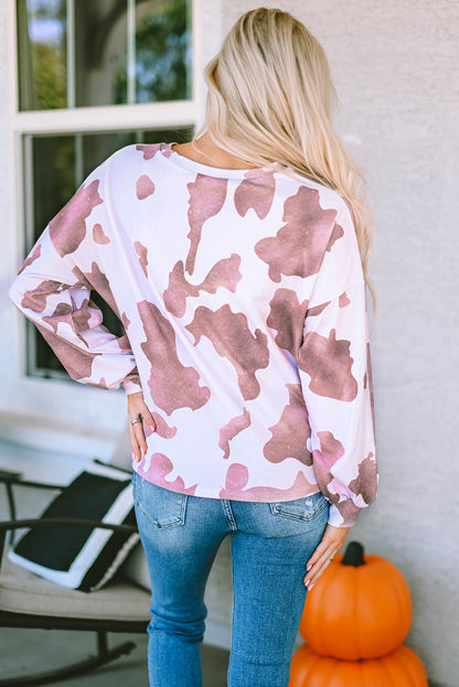 Brown Cow Spots Print Drop Shoulder Puff Sleeve Sweatshirt