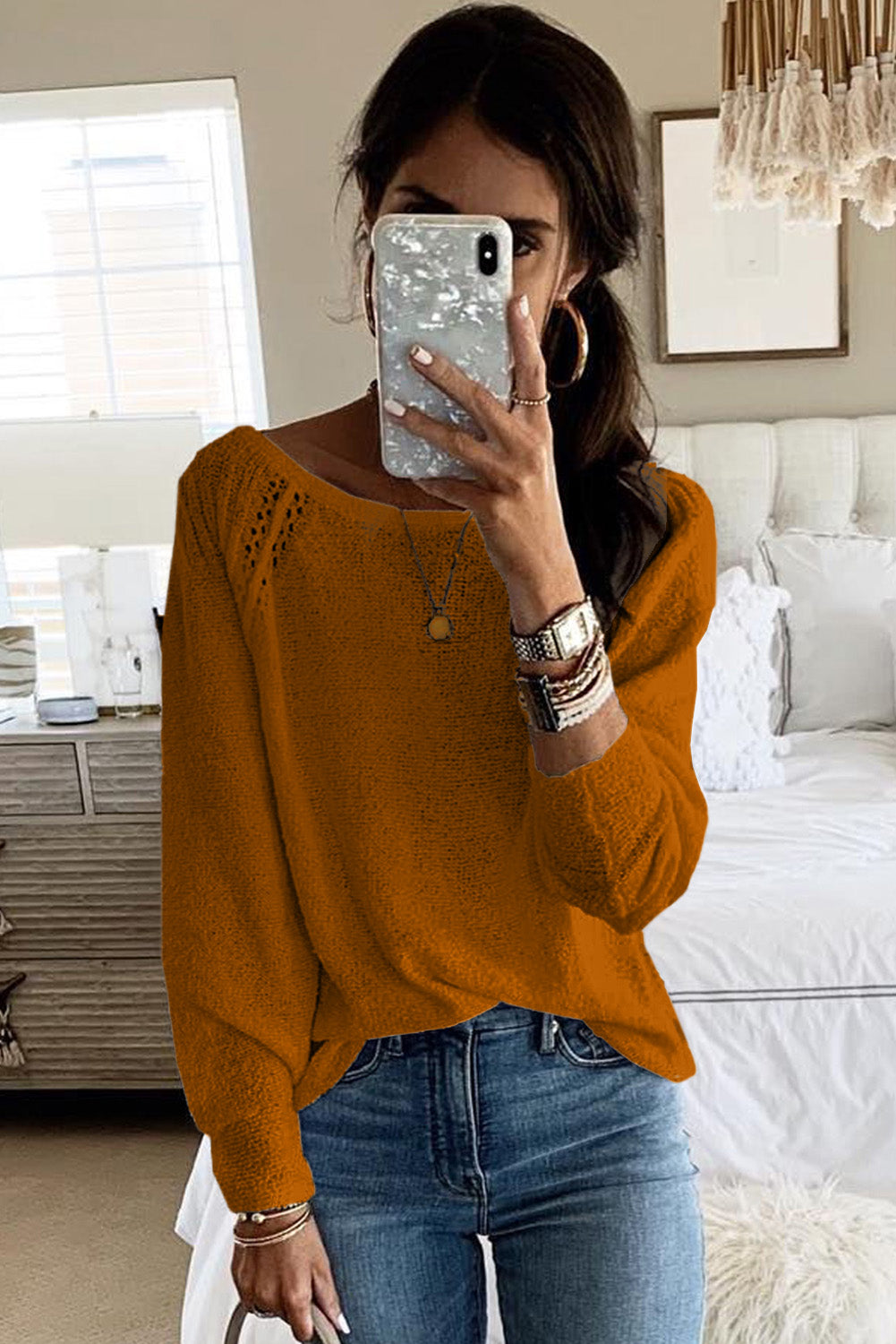 White Long Sleeve Cutout Shoulder Relaxed Sweater