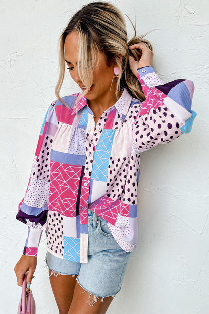 Multicolor Mixed Print Button Front Cuffed Sleeve Shirt