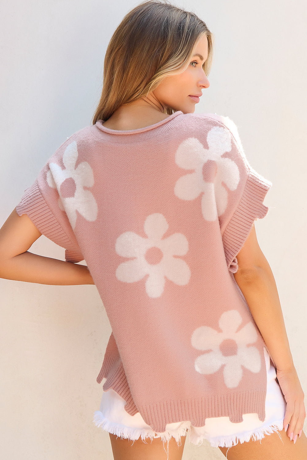 Light Pink Pearled Flower Distressed Edge Sweater T Shirt