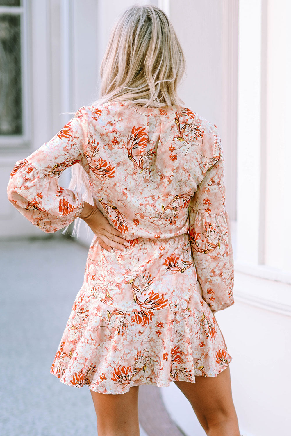 Orange Bubble Sleeve Cinched Waist Floral Dress