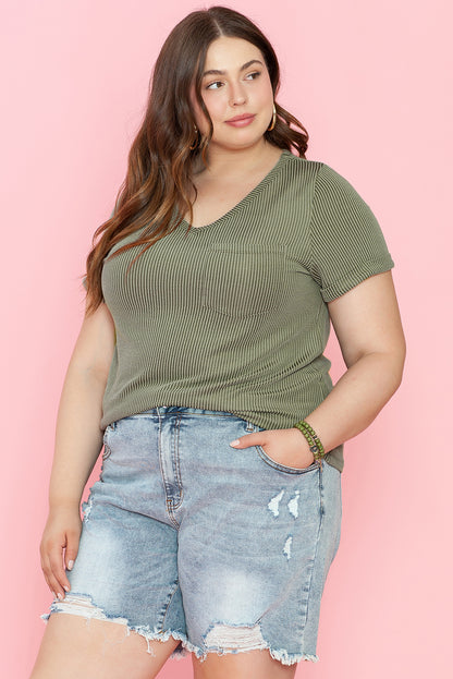 Meadow Mist Green Plus Size Corded V Neck Patch Pocket Tee