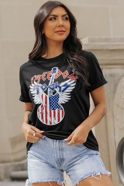 Black American Flag Guitar Print Crew Neck Tee