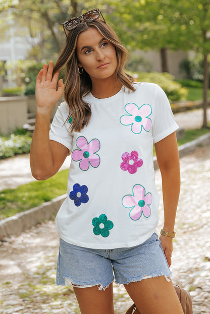 White Sequined Flower Pattern Round Neck T Shirt