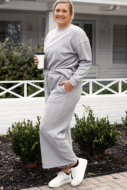 Light Grey Plus Size 2pcs Solid Color Textured Slouchy Loungewear Set