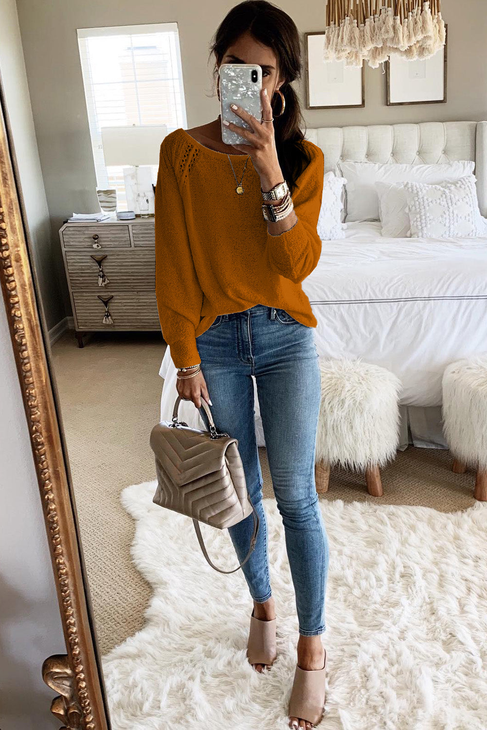 White Long Sleeve Cutout Shoulder Relaxed Sweater