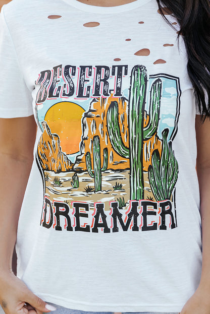 White DESERT DREAMER Western Cactus Print Ripped T Shirt