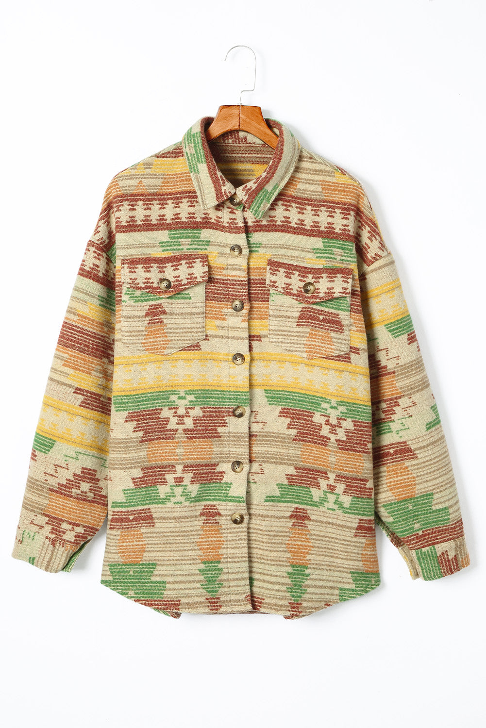 Multicolor Western Aztec Print Button Flap Pocket Shacket