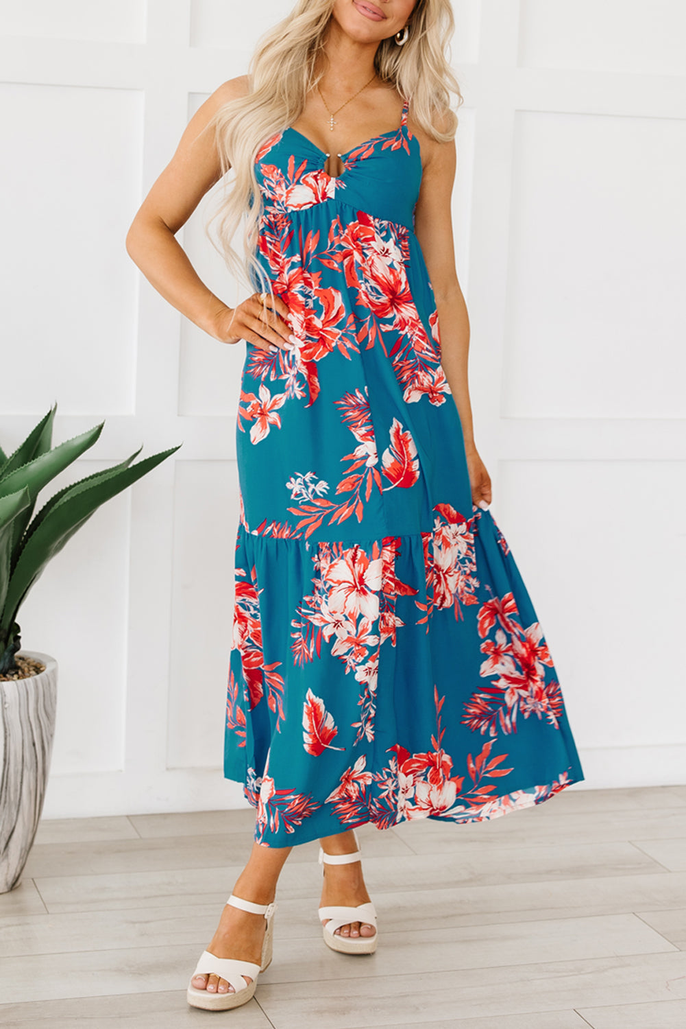 Sky Blue Strappy Open Back Floral Maxi Dress